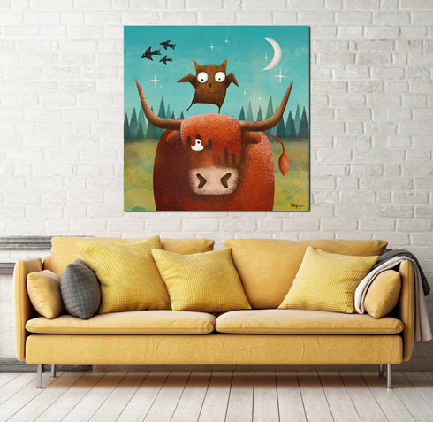 Ellie the Highland and Millie the Little Owl - Highland Art Canvas